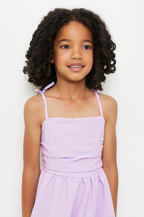 Shirred back dress with layered skirt - light purple