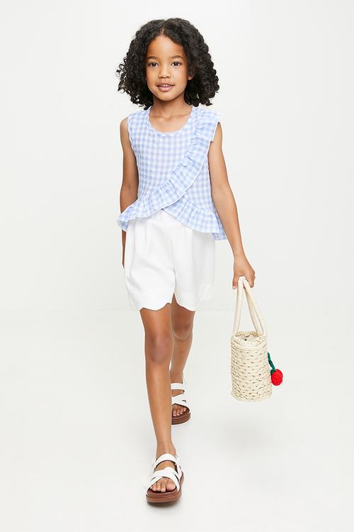 Diagonal ruffle top with scallop hem shorts - light blue gingham/white