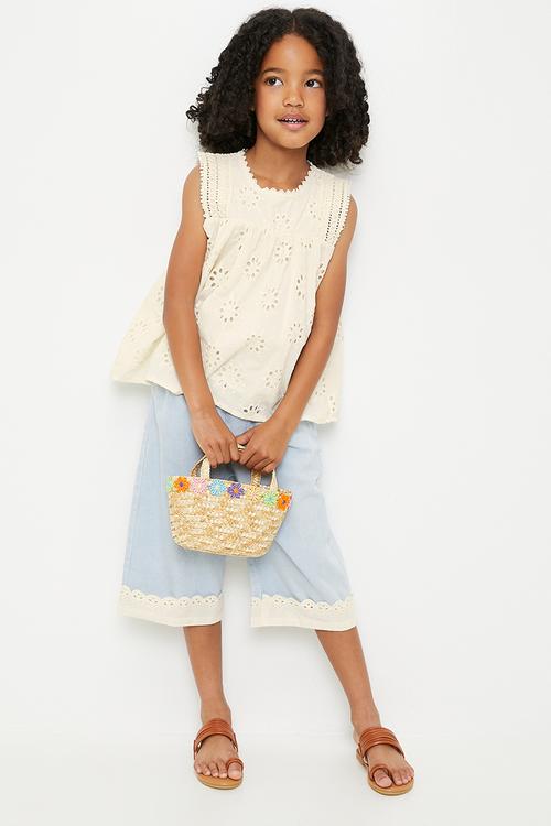 Anglaise top with crochet detail & matching jeans - cream/light blue
