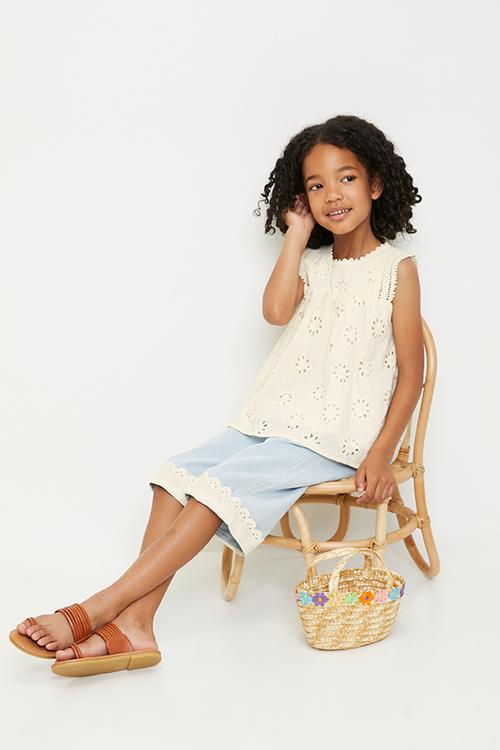 Anglaise top with crochet detail & matching jeans - cream/light blue