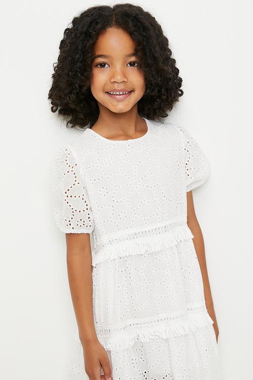 Broderie anglaise dress with fringed tiers - white