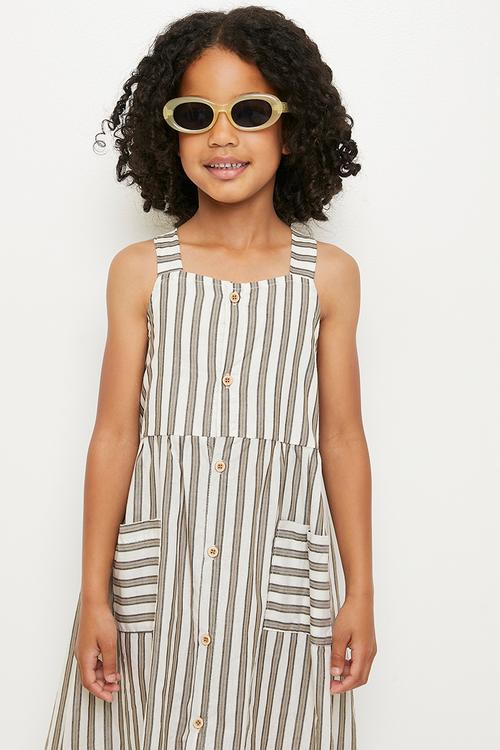 Fit & flare dress with mock button closure - white/unbalanced stripe