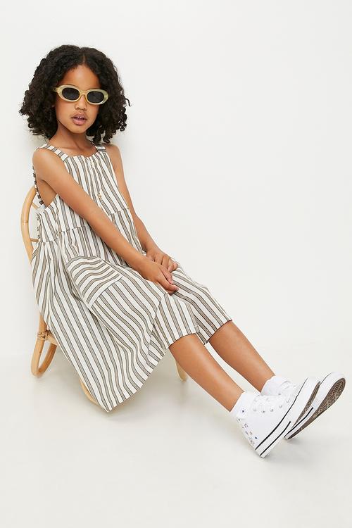 Fit & flare dress with mock button closure - white/unbalanced stripe