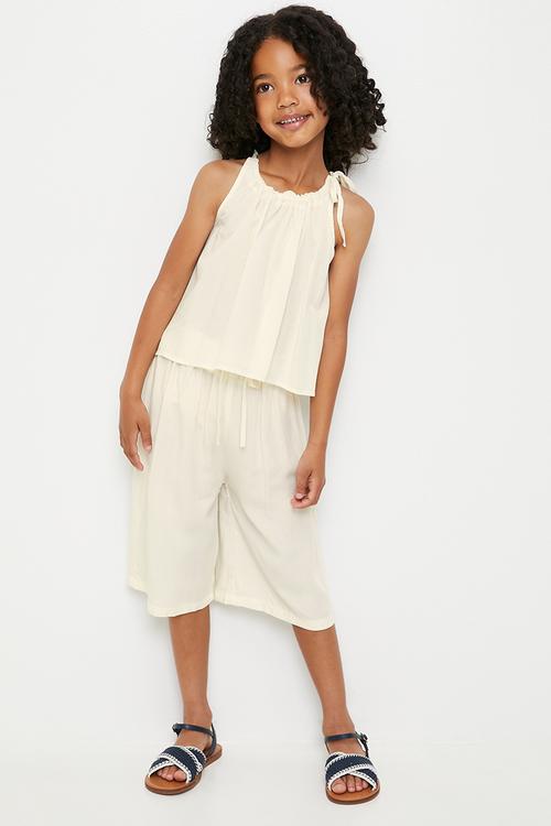Gathered shoulder tie top with wide leg capri pants - cream