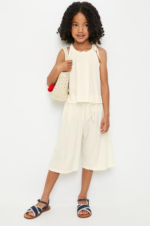 Gathered shoulder tie top with wide leg capri pants - cream