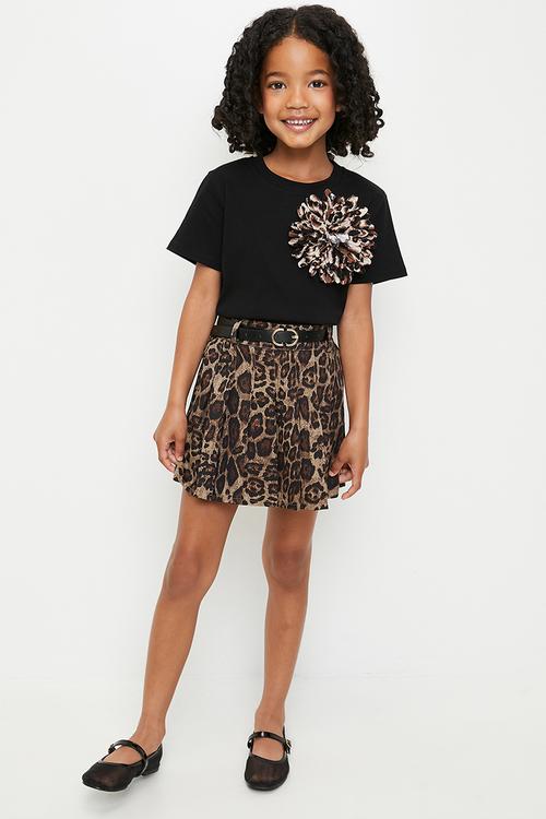 Hydrangea applique tee with pleated flared skirt - black/multi