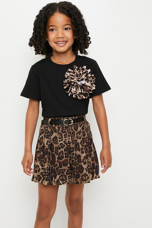 Hydrangea applique tee with pleated flared skirt - black/multi