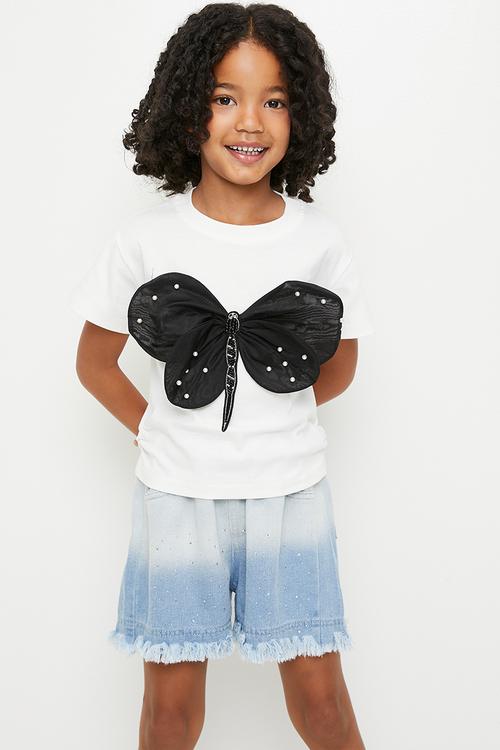 Beaded 3D butterfly wing top with frayed hem shorts - multi