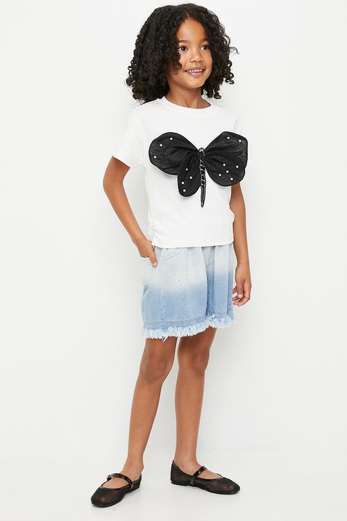 Beaded 3D butterfly wing top with frayed hem shorts - multi