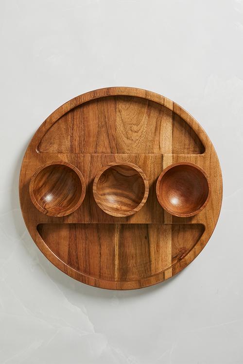 Wooden Platter with 3 Tapas Bowls - Natural