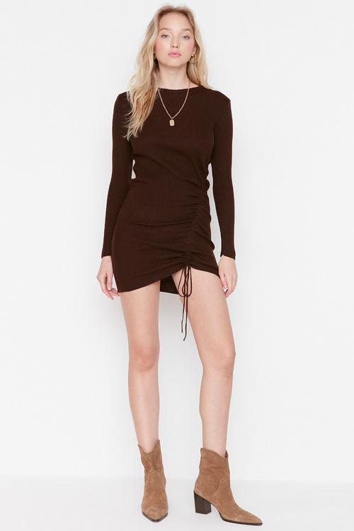 Mini Woven Bodycon Dress - Brown