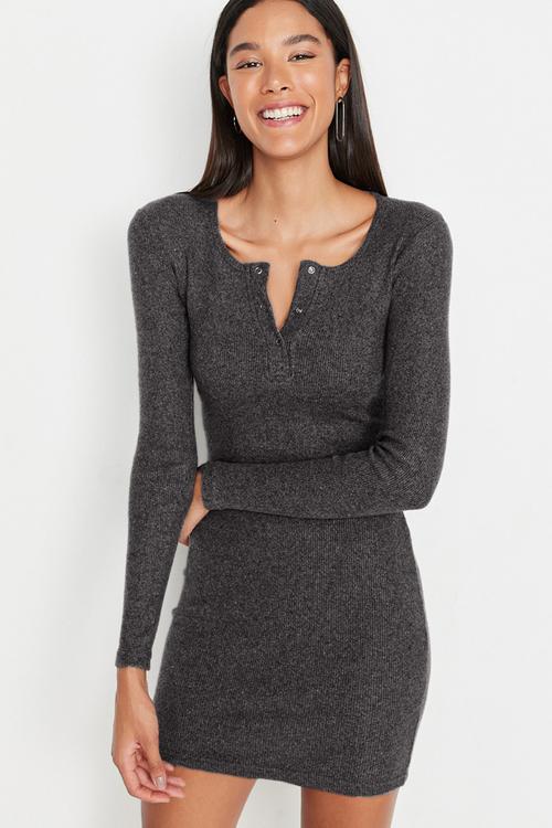 Mini Knit Bodycon Ribbed Dress - Grey