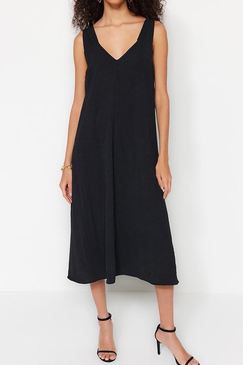 Midi Aline Woven Vee Relaxed Dress - Black