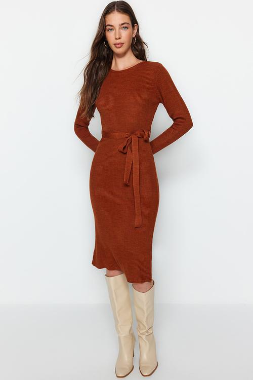 Midi Knit Tie Self Cloth Belt Dress - Copper Brown