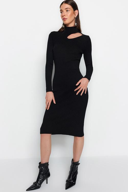 Midi Straight Cut Knitwear Dress - Black