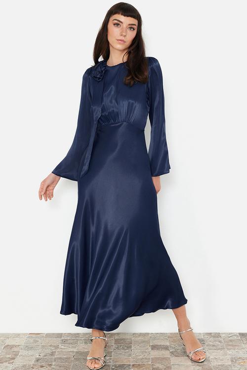 Maxi A line Satin Woven Dress - Navy Blue