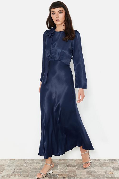 Maxi A line Satin Woven Dress - Navy Blue