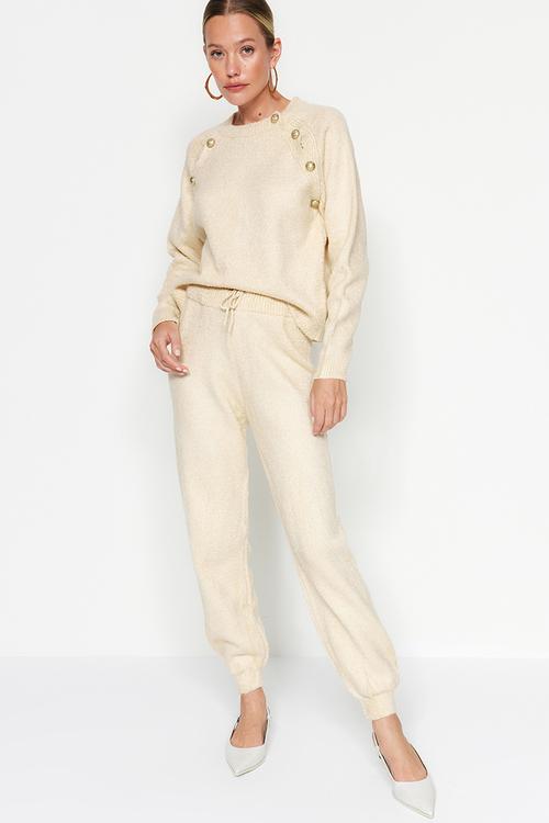 Button Detail Knitwear Bottom-Top Set - Stone