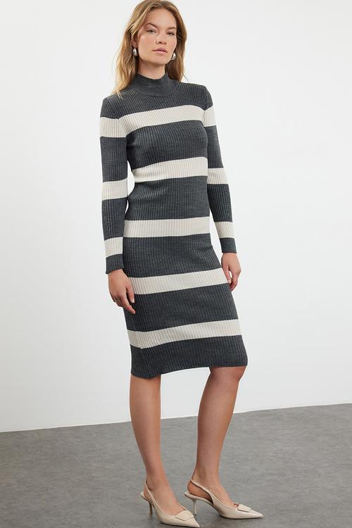 Midi Knit Bold Stripe Dress - Grey & White 