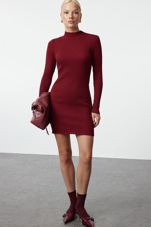 Mini Knit bodycon High Neck Dress - Red
