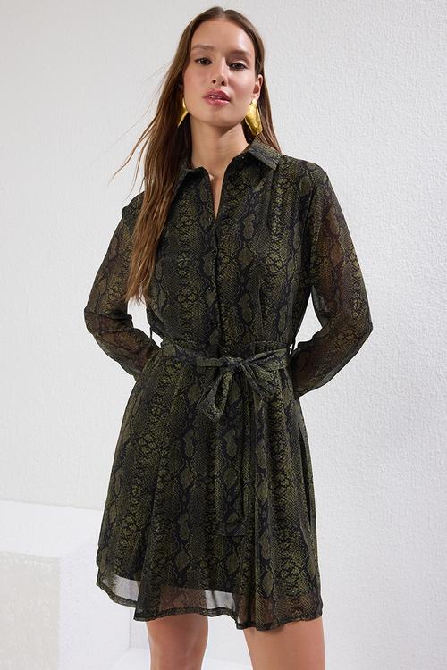 Mini Aline Woven Collar Dress - Green