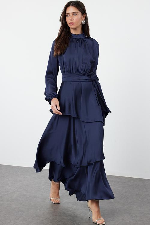 Maxi A line High Neck Woven Dress - Navy