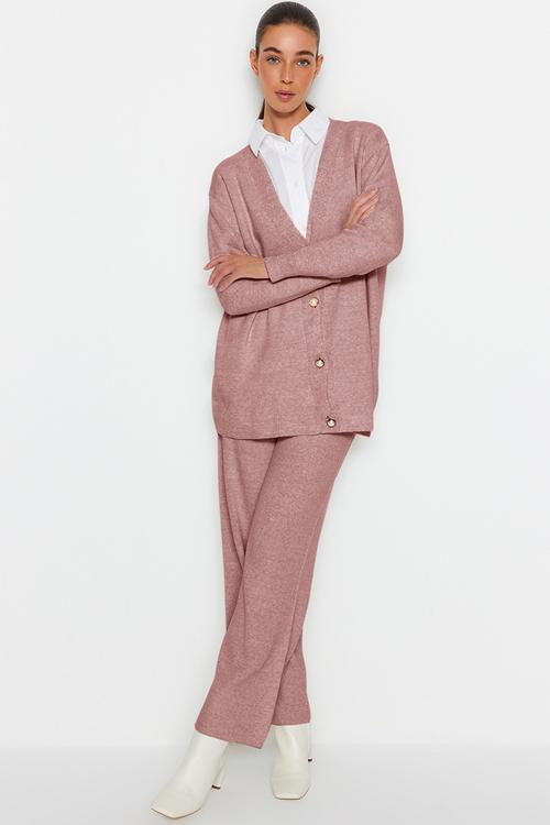Knitwear Cardigan and Trousers Set - Pearl Button - Dried rose