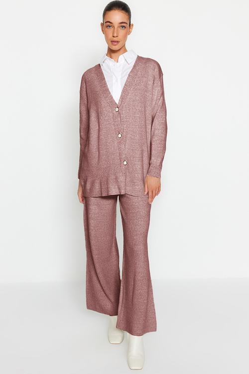 Knitwear Cardigan and Trousers Set - Pearl Button - Dried rose