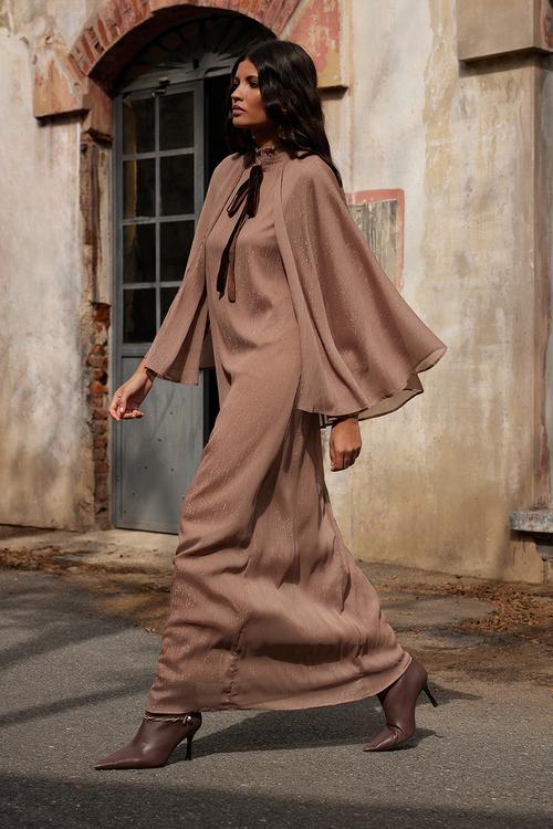 Maxi Tied Neck Dress - Brown