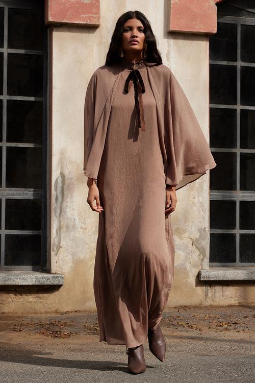Maxi Tied Neck Dress - Brown
