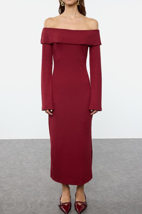 Midi Pencil Knit Dress - Burgundy