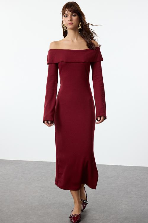 Midi Pencil Knit Dress - Burgundy