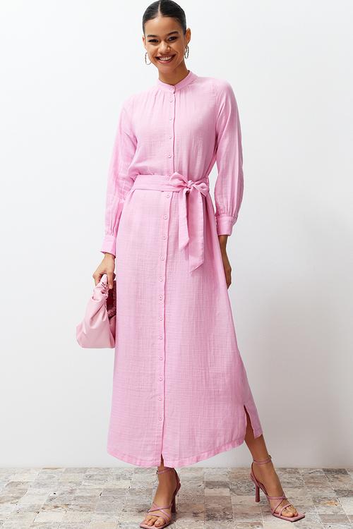 Maxi Woven Buttoned Up Dress - Pink