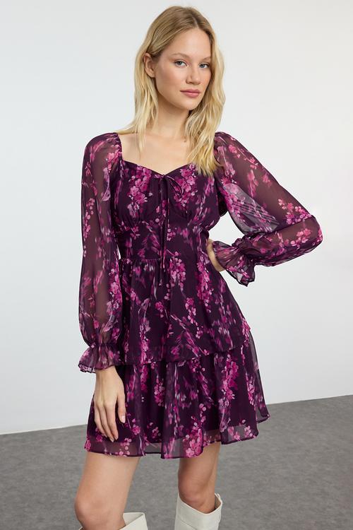 Mini Woven A line Dress - Floral Plum