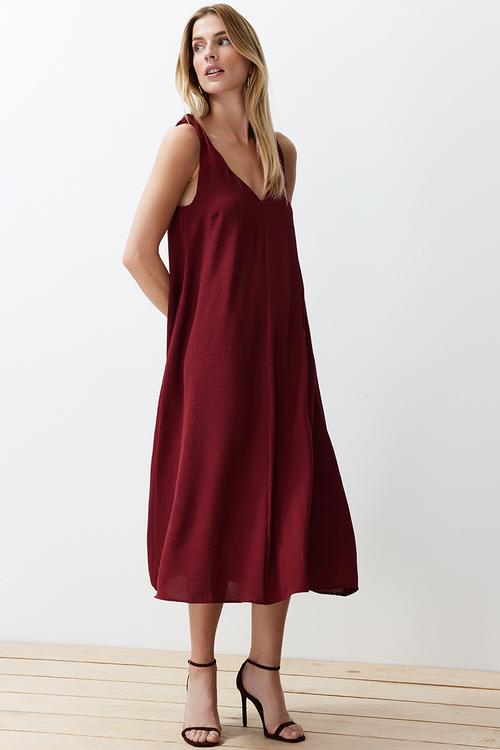 Midi Aline Woven Vee Relaxed Dress - Red