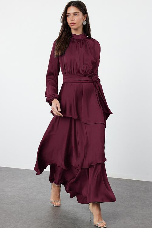 Maxi A line High Neck Woven Dress - Burgundy