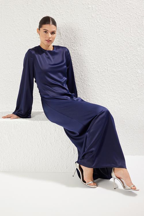 Maxi A line Satin Woven Dress - Navy