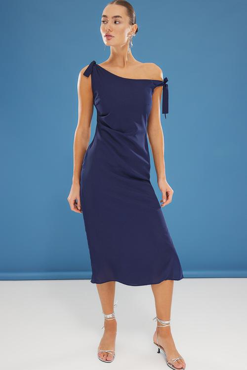Midi Straight Cut Woven Dress - Navy Blue