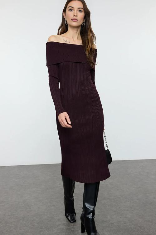 Midi Pencil Knitwear Dress - Plum
