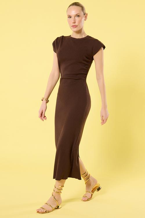 Midi Straight Cut Knit Dress - Brown