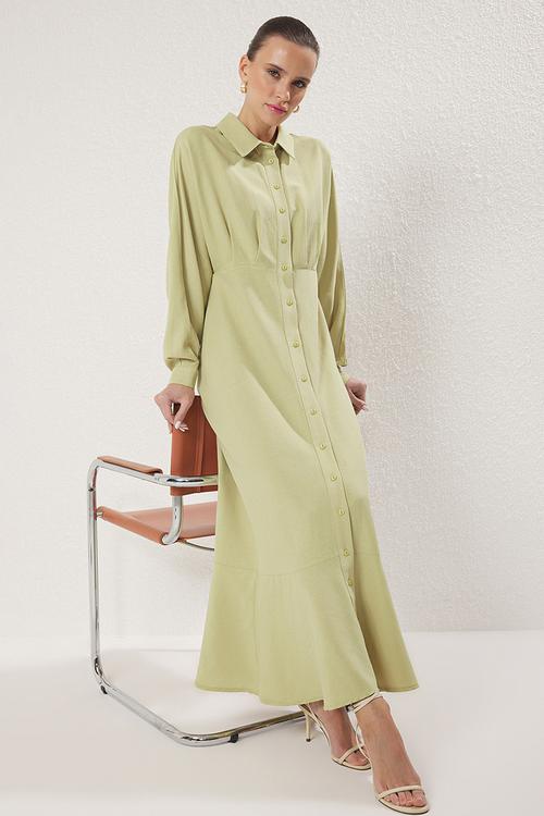 Maxi Woven  Buttoned Dress - Khaki