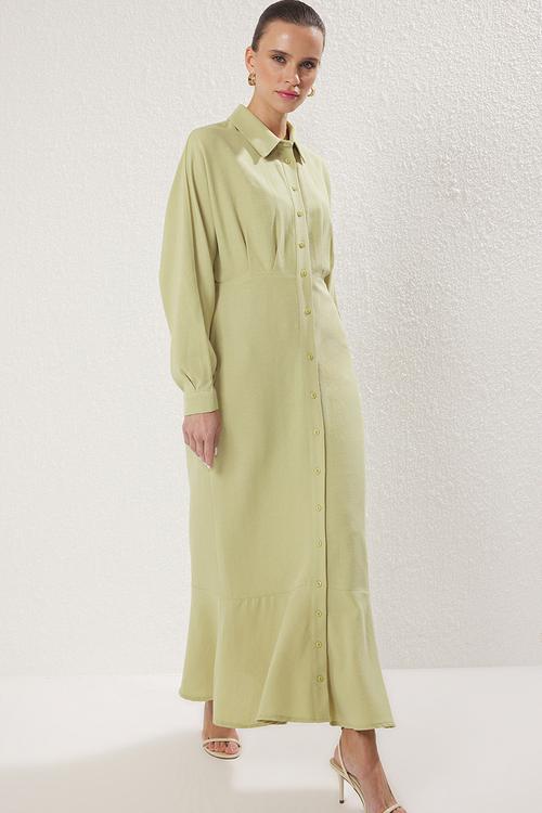 Maxi Woven  Buttoned Dress - Khaki