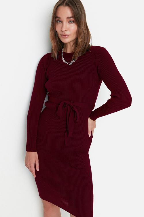 Midi Knit Tie Self Cloth Belt Dress - Burg