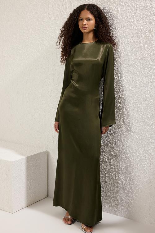 Maxi A line Satin Woven Dress - Khaki