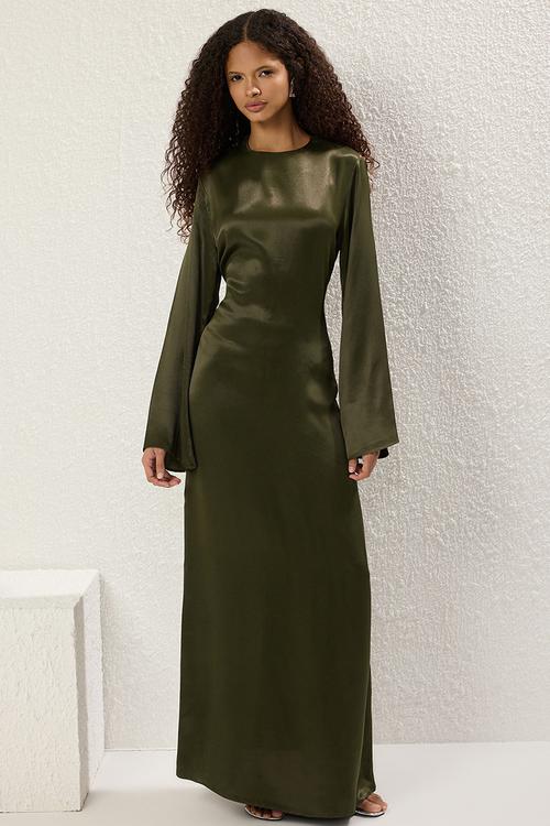 Maxi A line Satin Woven Dress - Khaki