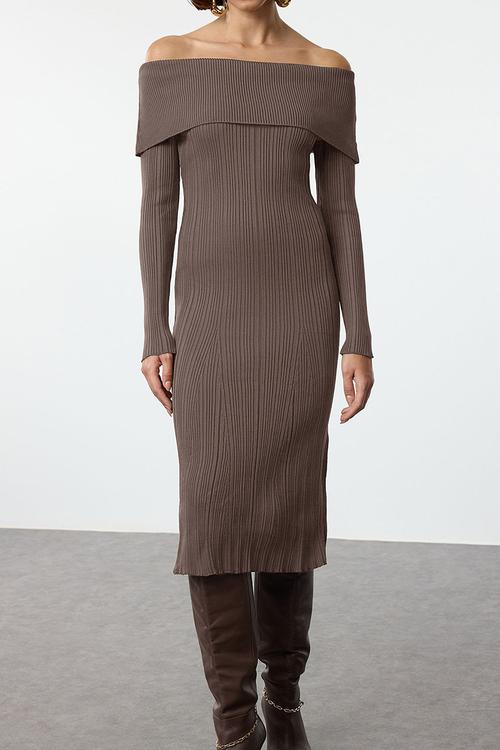 Midi Pencil Knitwear Dress - Brown