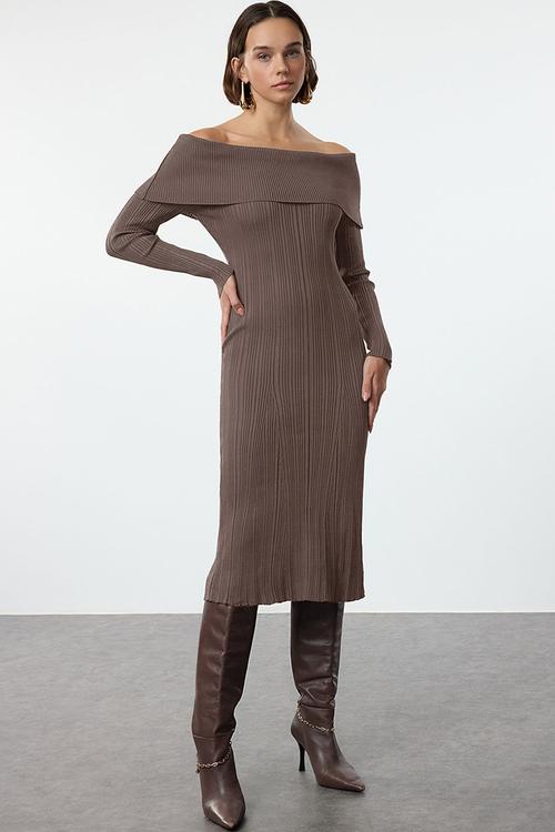 Straight Maxi V-Neck A-Line Knitwear Long Dress - Brown