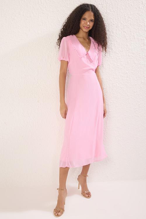 Midi Aline Woven Flat Collar Dress - Pink