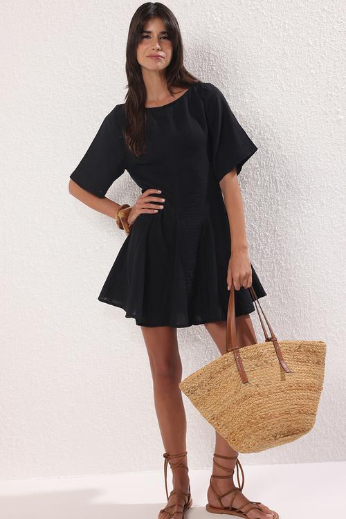 Mini Woven Short Sleeve Dress - Black