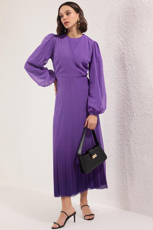 Maxi Woven Peasant Sleeved  Dress - Purple